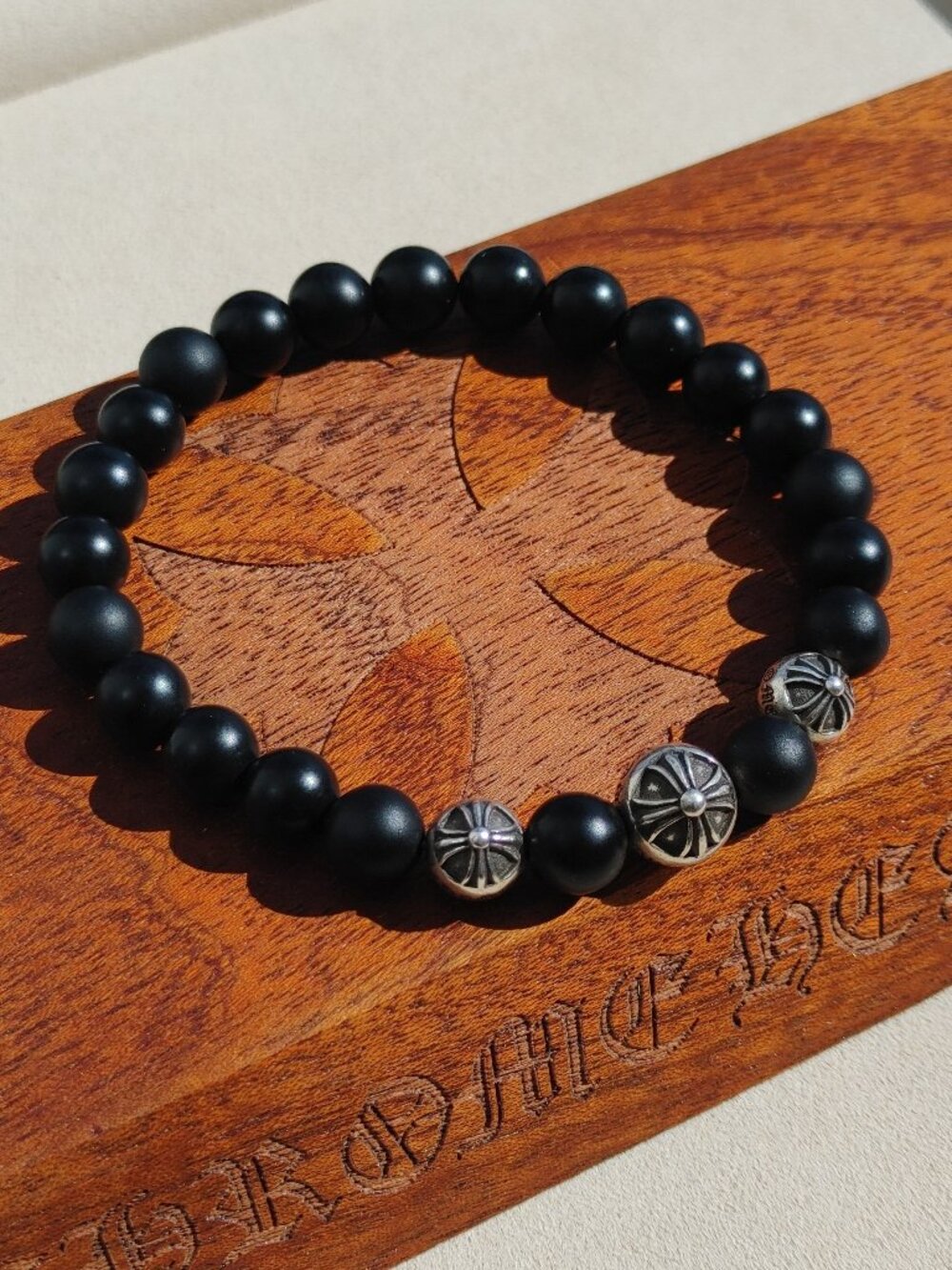 Chrome Hearts Black Onyx Bead Bracelet 8mm Adjustable 925 Sterling Silver 24gr